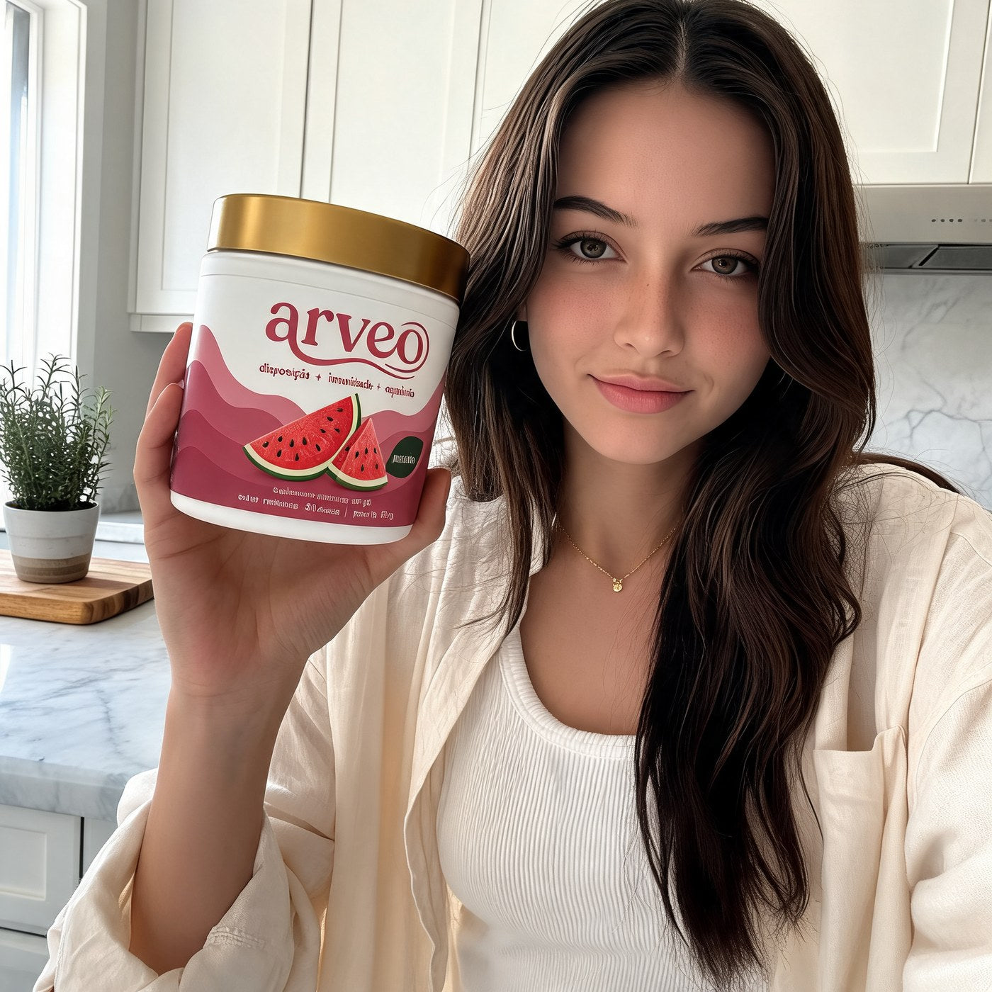 Mulher na cozinha segurando o pote ARVEO